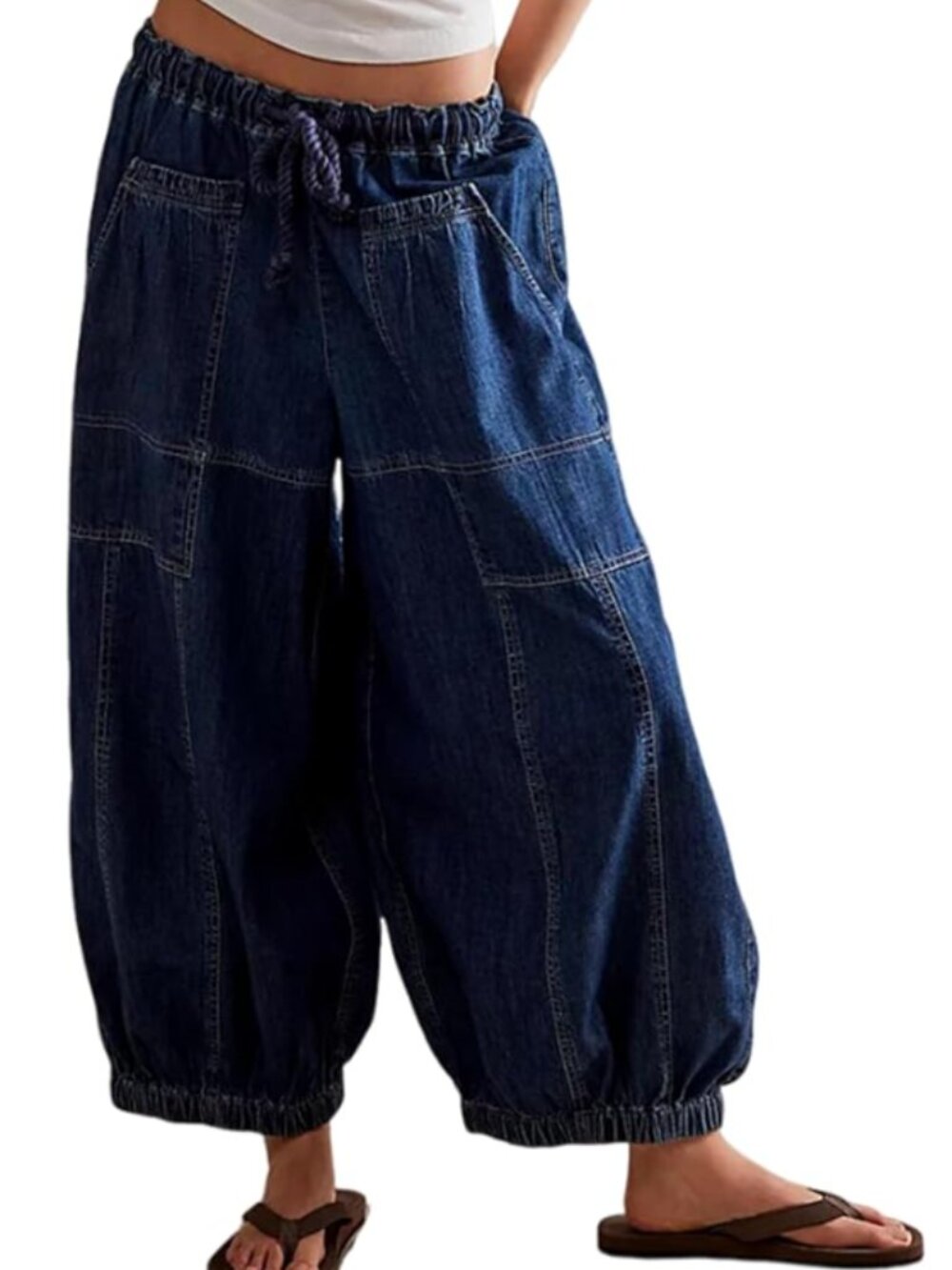 Hooever Wide Leg Jeans Baggy Elastic Hem Denim Pants w/ Drawstring Waist (NWT)